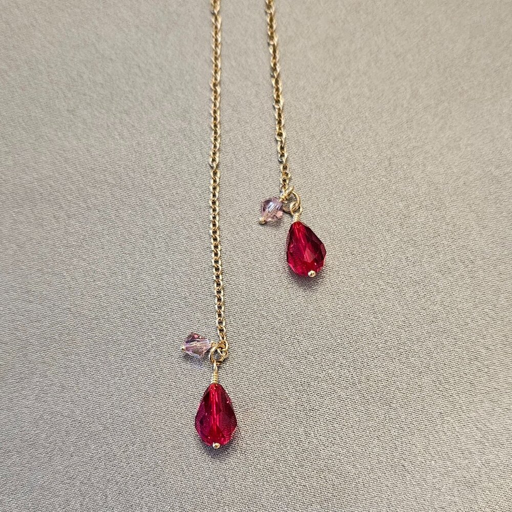 Dainty Red Crystal Teardrop Thread Earrings - Picture 3 of 4
